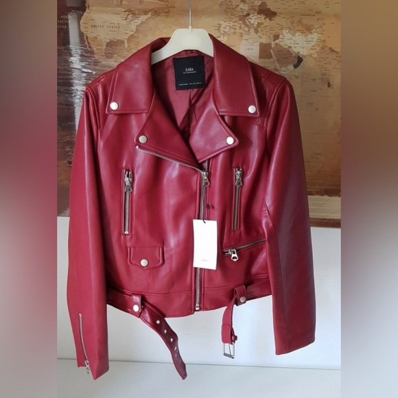 NEW Zara Vegan Faux Leather Red Motorcycle Moto Biker Jacket NWT XS! - Picture 7 of 11